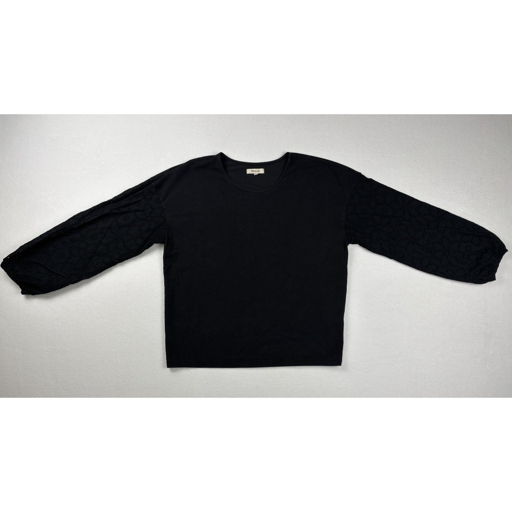 Madewell Women's M Black Eyelet Puff Sleeve Blouse Cotton Knit Top Spring